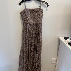Strapless dark taupe gown with champagne lace overlay